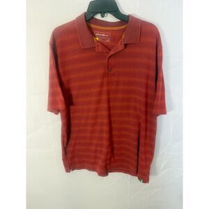 Eddie Bauer Travex Men’s Large Red Orange Stripe Polo Shirt Cotton Blend